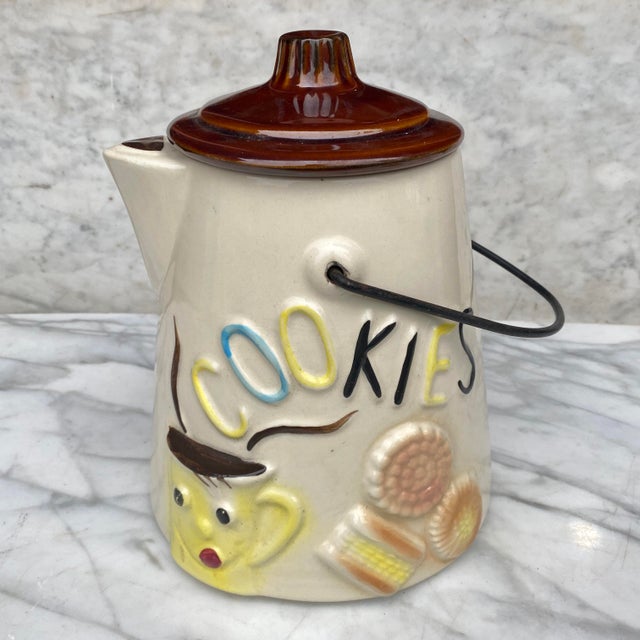 Vintage American Bisque Porcelain Coffee Pot Cookie Jar W/ Metal Handle