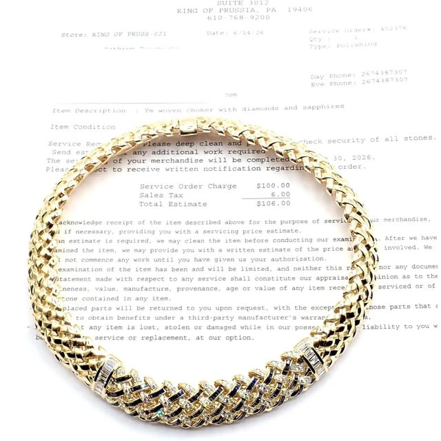 Vintage Tiffany & Co. Vannerie Diamond Sapphire Basket Weave Yellow Gold Necklace For Sale - Image 9 of 17