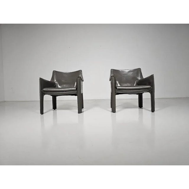 Cab-414 Armchairs in Grey Leather by Mario Bellini for Cassina, 1980s, Set of 2 For Sale - Image 11 of 11