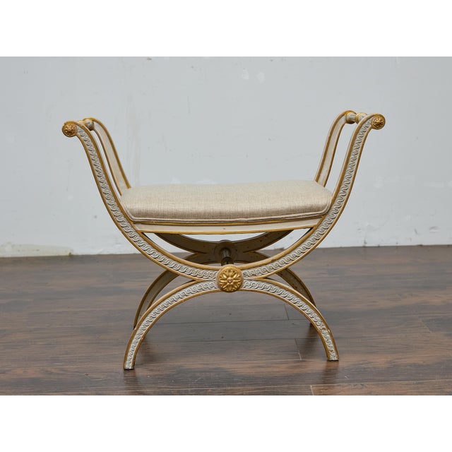French Neoclassical Style Curule Stool, Gilded Wood and Upholstered Seat For Sale - Image 4 of 12