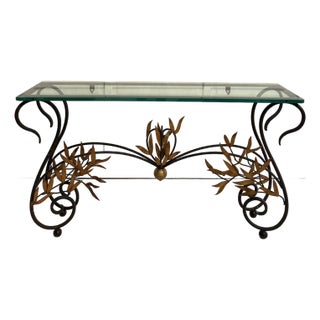 1960s Italian Style Wrought Iron & Gilt Leaf Glass Console Table For Sale