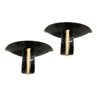 1950s Mid-Century Rare Hand-Blown Murano Black & Gold Acanthus Glass Sconces by Seguso - a Pair For Sale