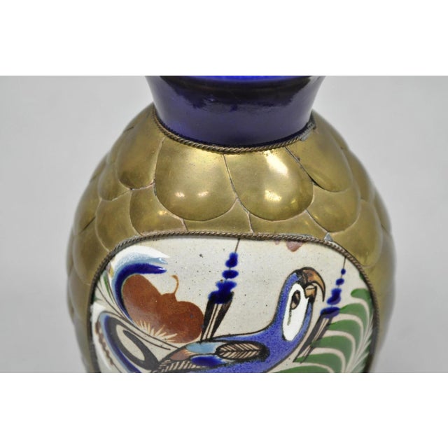 20th C. Mateos Mexico Tonala Pottery Mid Century Modern Brass Peacock Feather 7" Vase For Sale - Image 9 of 14