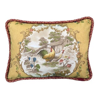 French Roosters Toile in Mustard With Brown Gingham Rectangle Designer Throw Pillow For Sale