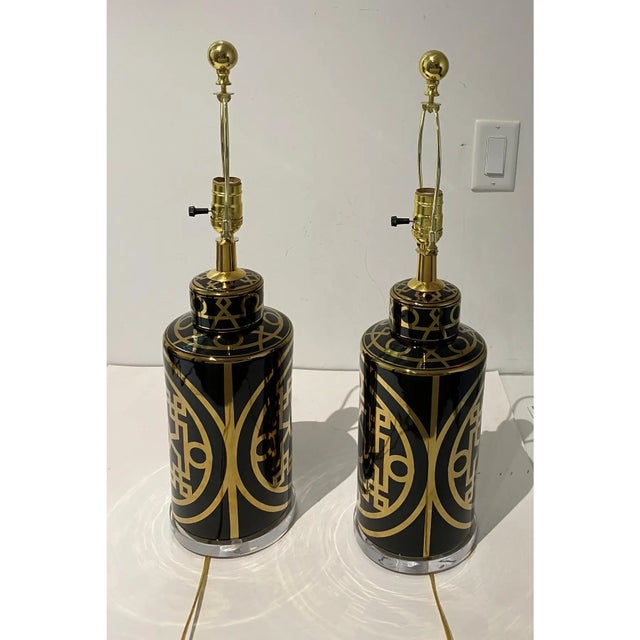 Table Lamps 1950s Gold on Black Mid-Century Modern - A Pair For Sale - Image 10 of 15