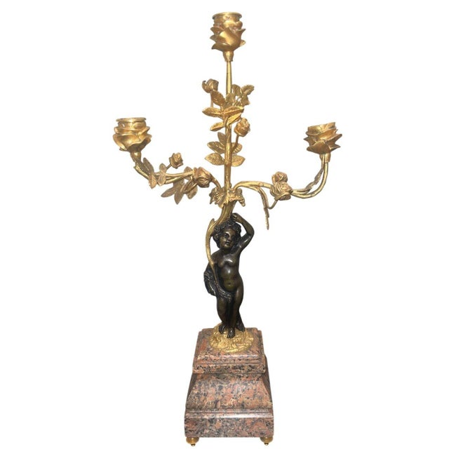 Traditional Pair of Late 19th C. French Belle Époque Candelabras Bronze, Gilt Metal & Marble For Sale - Image 3 of 9