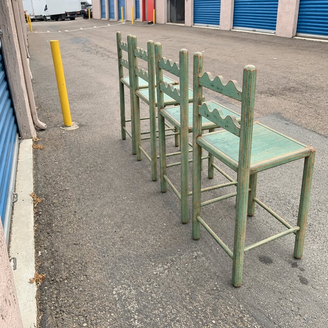 French Country Country French Counter Stools in Set of 4 in Distressed Verdigris Green With an Aged Patina For Sale - Image 3 of 5