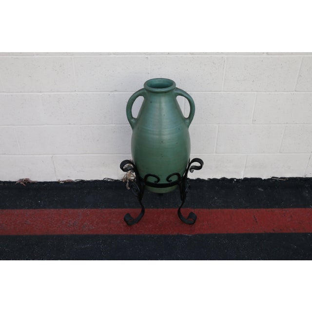 Spanish Revival Antique 1920s Olive Green Glazed Oil Jar With Wrought Iron Stand For Sale - Image 3 of 16
