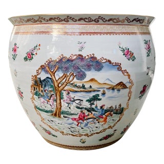 Vintage Chinese Export Hunting Scene Fish Bowl Planter For Sale