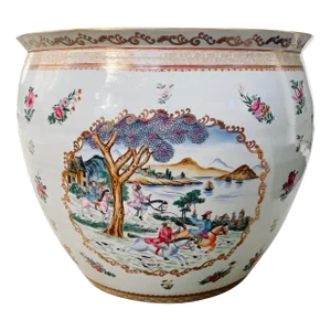 Vintage Chinese Export Hunting Scene Fish Bowl Planter
