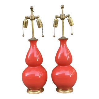 Pair of Christopher Spitzmiller "Aurora" Lamps in Coral With Gilt Bases For Sale