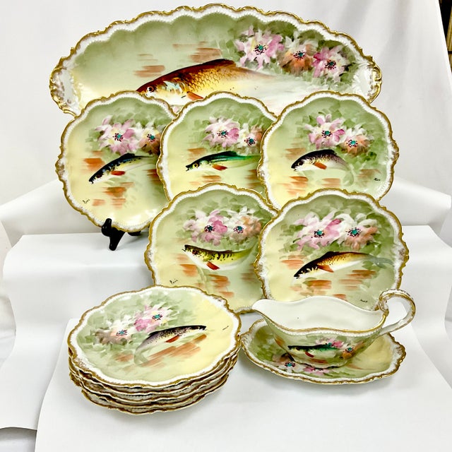 Ceramic 1800s Antique French Limoges Porcelain George Borgfeldt Fish Game Dinnerware Set - 13 Pieces, Service for 10. For Sale - Image 7 of 18