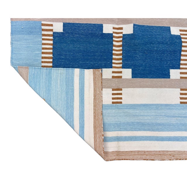 Handmade Cotton Geometric Area Rug, Sky Blue, Cream, Beige and Tan Dhurrie-88"x132" For Sale - Image 13 of 14