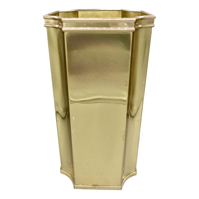 Vintage Hexagonal Brass Umbrella Stand — Tall Tapered Lacquered Brass For Sale