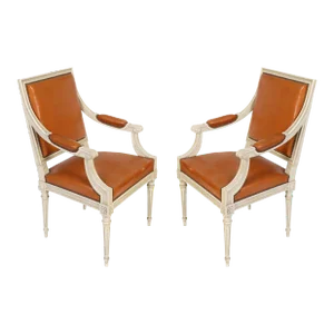 Pair Louis XVI Style Painted Orange Leather Arm Chairs