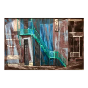 Paul Zimmerman, Social Realist GREEN STAIRS Architectural Street Scene Landscape Oil Painting 1951