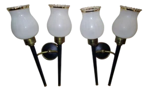 Gold and Black Wall Lights with White Glass Shade, 1970s, Set of 2