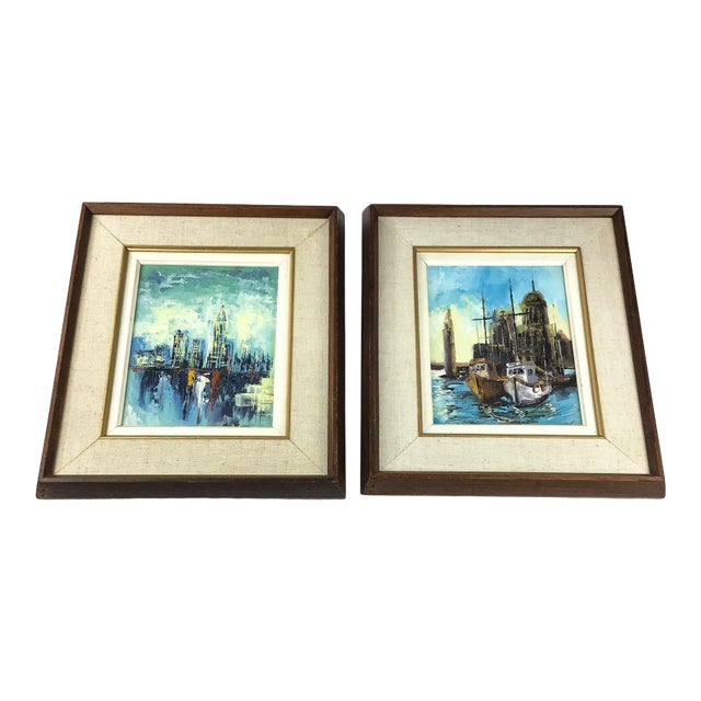 Vintage Framed Pair of Seascape Mid Century Style Oil Paintings For Sale