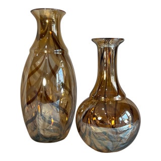 Art Glass Abstract Iridescent Tortoise Shell Vases- Set of Two For Sale