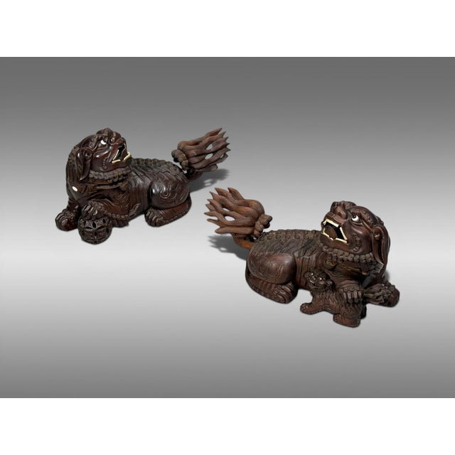 Chinese Export, Opposing Foo Dogs, Solid Teakwood, Glass, China, 19th c. Carved from solid teak wood, these wonderfully...