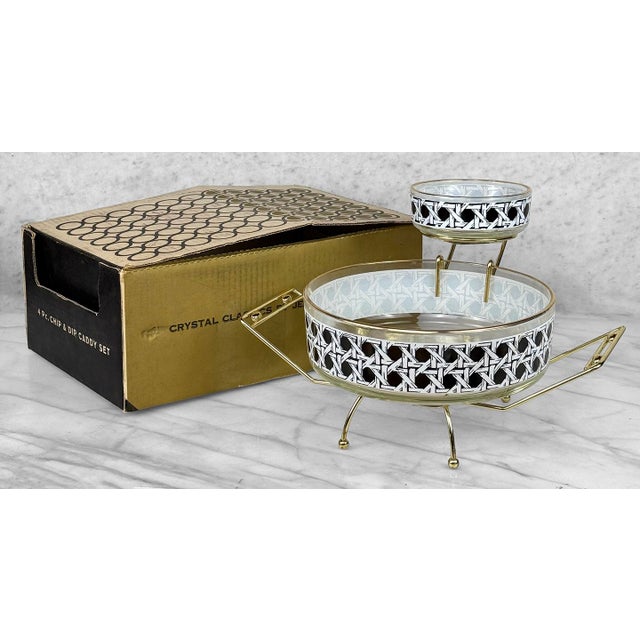 Mid-Century Modern Mid-Century Black White Rattan Motif Glass Chip & Dip Serving Bowl Set For Sale - Image 3 of 9