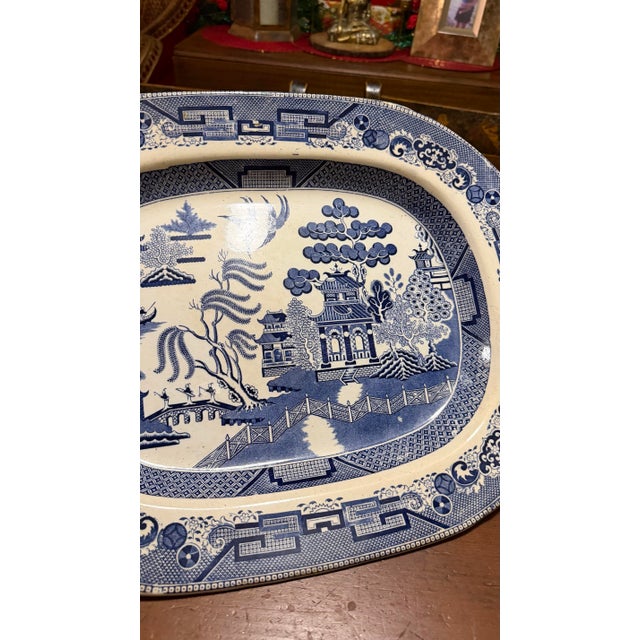 Blue Antique Staffordshire Blue Willow Transfer Ironstone Oval Platter, Circa 1860s For Sale - Image 8 of 12