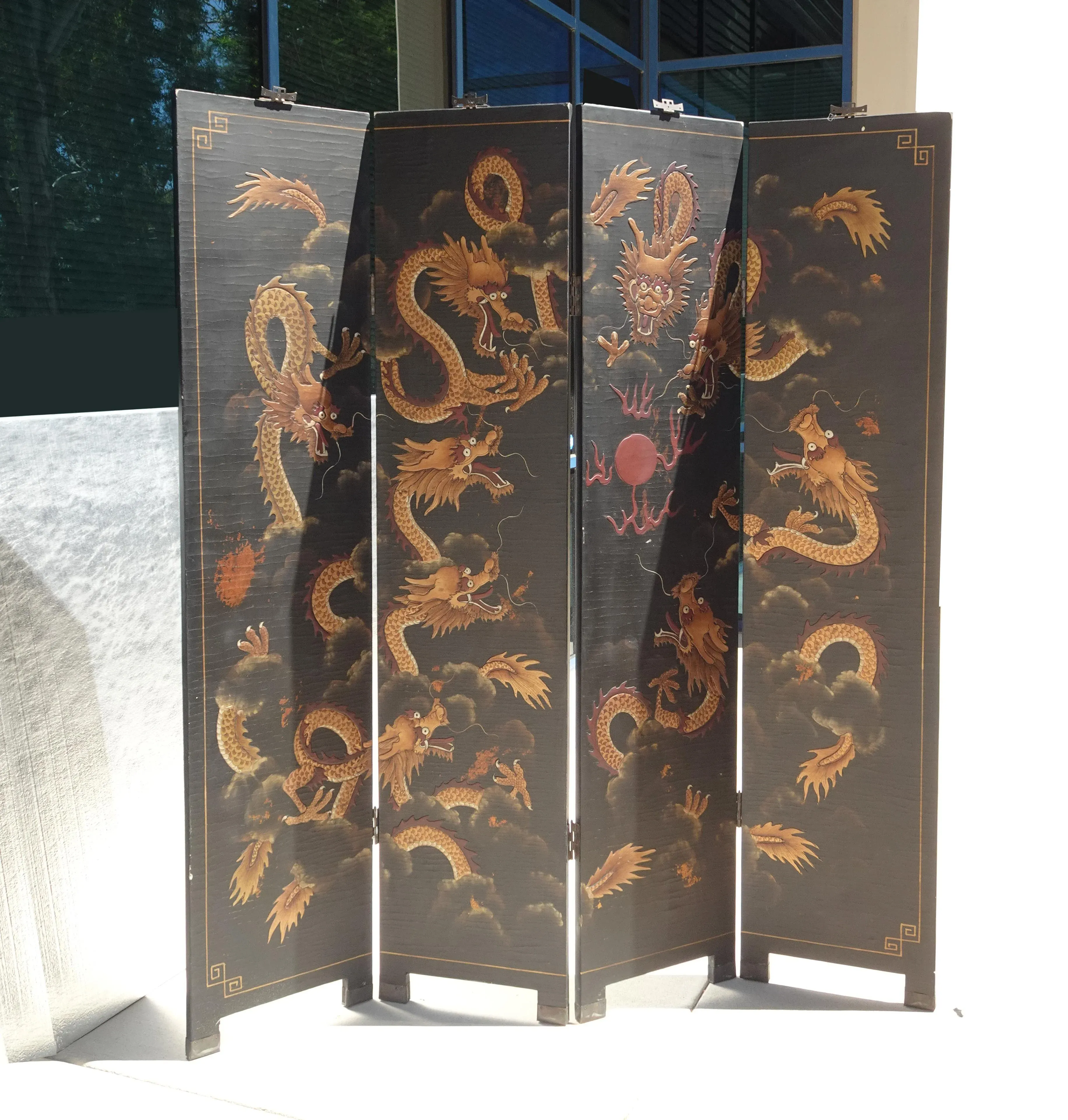 Vintage Oriental Asian Black & Gold Four Panel Screen Room Divider