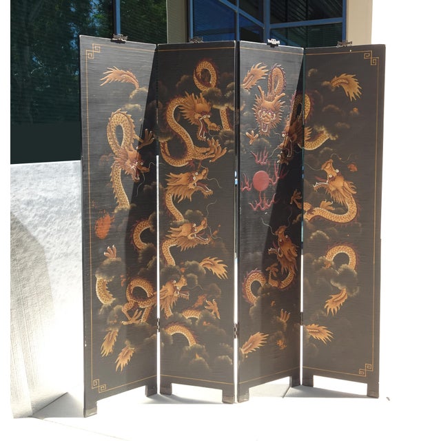 Vintage Oriental Asian Black & Gold Four Panel Screen Room Divider ~ Dragons Gorgeous Screen in Great Vintage Condition....