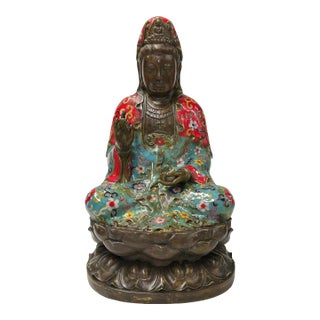 Vintage Cloisonne Enamel Lotus Base Bodhisattva Metal Buddha Statue For Sale
