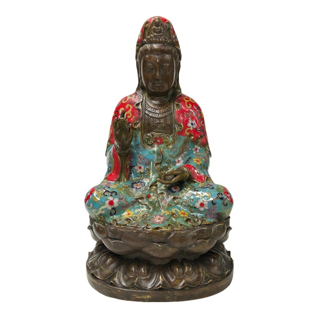 Vintage Cloisonne Enamel Lotus Base Bodhisattva Metal Buddha Statue For Sale