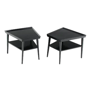 Pair of Black Lacquer Trapezoid Shape Two Tier End Side Tables Stands
