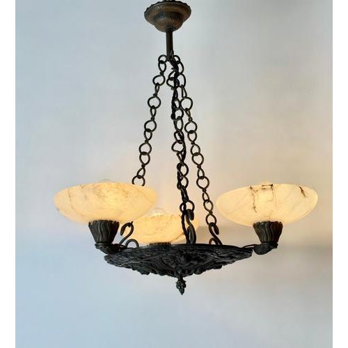 Early 20th Century Antique Renaissance Revival Bronze and Alabaster Chandelier with Serpent Details, 1900 For Sale - Image 5 of 18