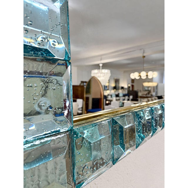 Metal Handmade Aqua-Blue Murano Glass Cube Mirrors with Brass Frame, 2000s, Set of 2 For Sale - Image 7 of 11