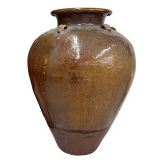 Brown Yellow Storage Water Jar Vessel with Small Handles For Sale