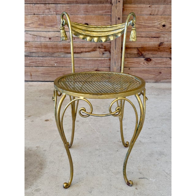 Gold Vintage Hollywood Regency Gilt Metal Vanity Chair With Tassel Swag Detail For Sale - Image 8 of 10