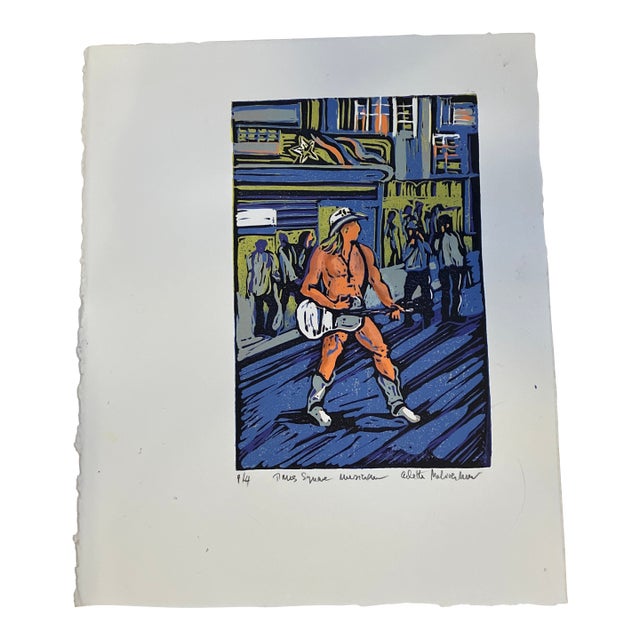 1980’s Original Lithograph Guitarist at Time Square Ny Signed For Sale