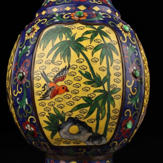 Monumental Vintage Chinese Cloisonné Enamel "Cranes & Bamboo" Vase - 3940g, 40cm For Sale - Image 9 of 9