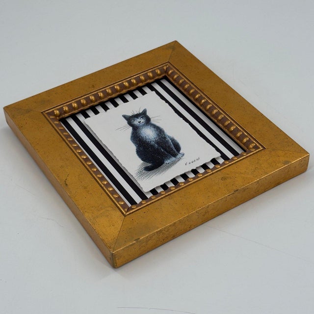 Black Original Black Cat Drawing on Paper in Gilt Frame For Sale - Image 8 of 9