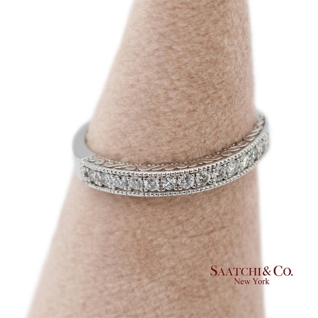 14k 585 Solid White Gold Side Engraving Milgrain Natural Diamond Band Ring, Size 6 For Sale - Image 9 of 13