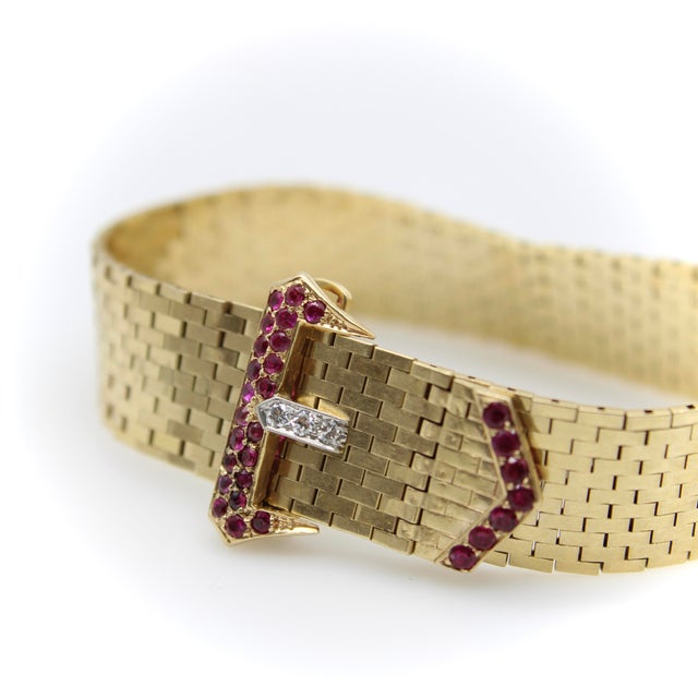 Metal 1940s Retro 14k Gold Ruby and Diamond Buckle Bracelet With Brick Link For Sale - Image 7 of 13
