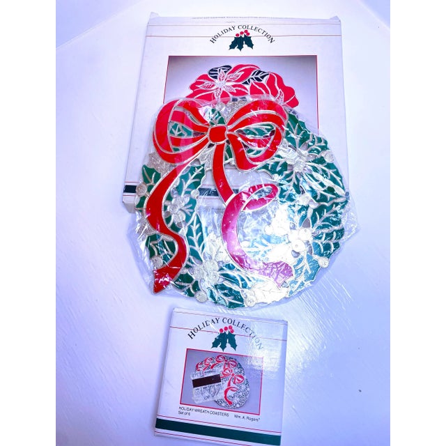 1980s Vintage Christmas Wreath Holly With Red Bow Metal Trivet With Four Matching Unused Holiday Wreath Coasters in Original Box, by Wm. A. Rogers- 5 Pieces For Sale - Image 5 of 6