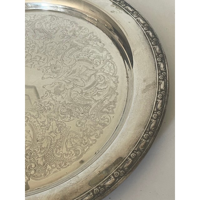 Shabby Chic 1940s 15” Round Silverplate Ornate Platter Salver For Sale - Image 3 of 7