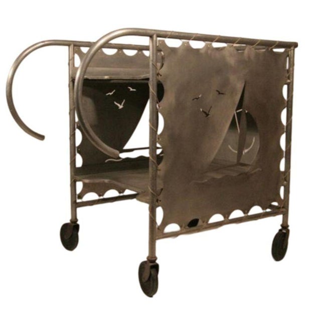 Mid-Century Aluminum Nautically Themed Bar Cart W/ Sailboat Cutouts, 2 Available For Sale - Image 4 of 5