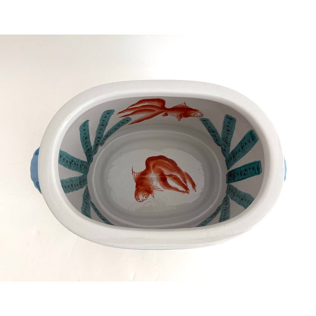 Yellow Vintage Yellow & Blue Chinoiserie Porcelain Footbath Planter W/ Koi Fish For Sale - Image 8 of 12