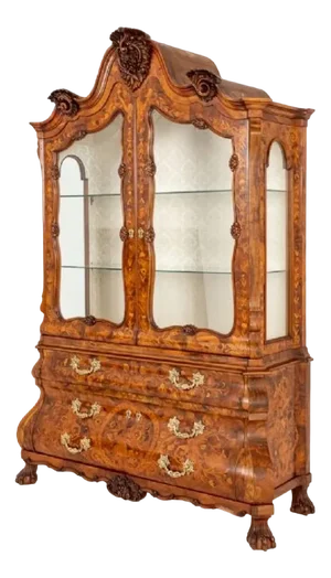 Dutch Marquetry Bookcase Cabinet with Bombe Inlay, 1930s