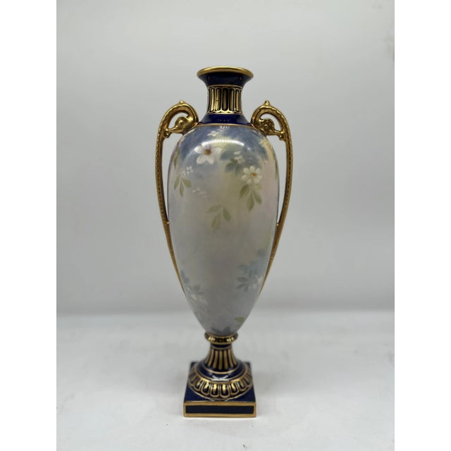 Royal Bonn Lovely Lady Cobalt & Gilt Porcelain Pedestal Vase Signed J. Duren For Sale - Image 4 of 12