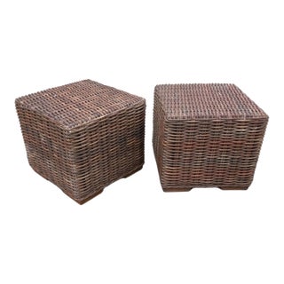 Gervasoni Italy Woven Pencil Reed Cube Cubist Side Tables or Ottoman, a Pair For Sale
