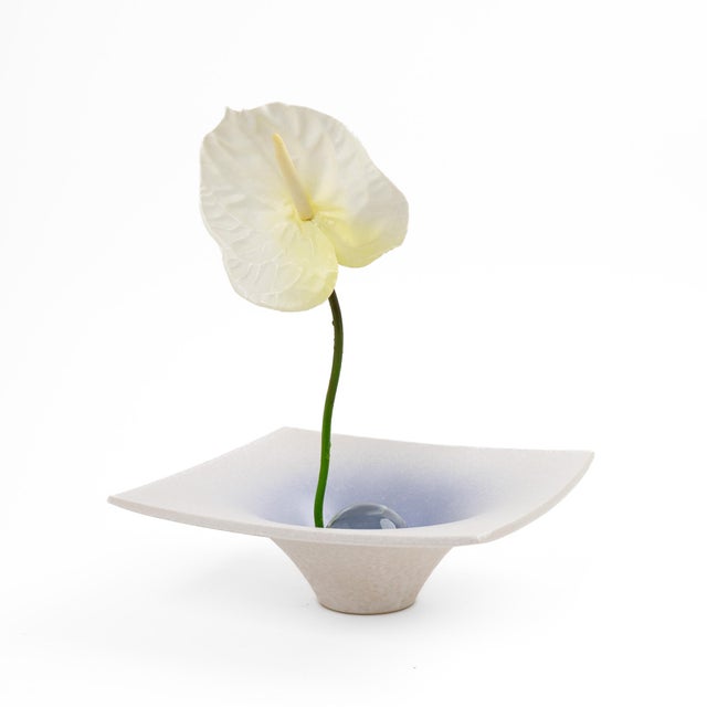Vintage contemporary Japanese ikebana vase (suiban) with a flared, architectural silhouette and a soft purple-to-white...
