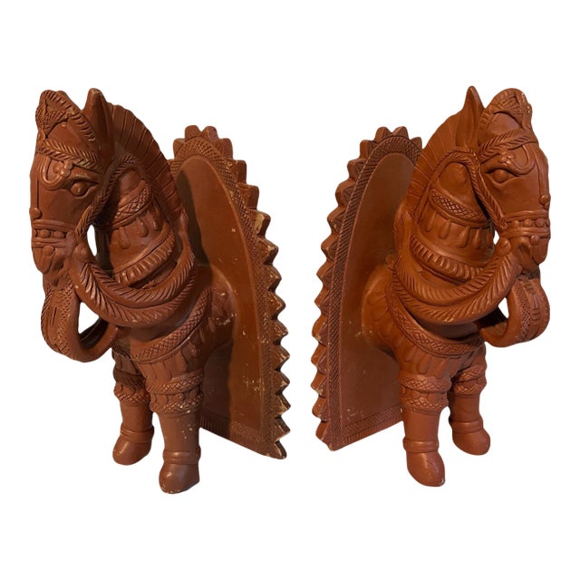 Antique Asian Hand Crafted Terra Cotta Horse Bookends For Sale
