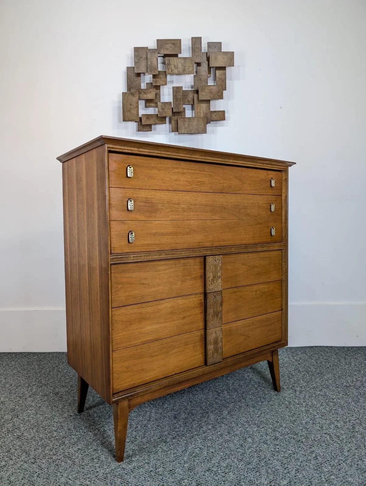 1960s Mid Century Modern Bassett Mayan 6 Drawer Walnut Highboy